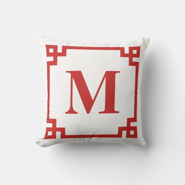 Red Grekiska Nyckel Gräns Monogram Kudde (Framsida)