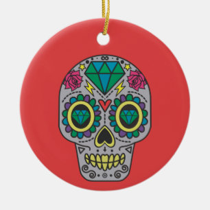 Red Grönt and Grått Crystal Day of Dead Julgransprydnad Keramik