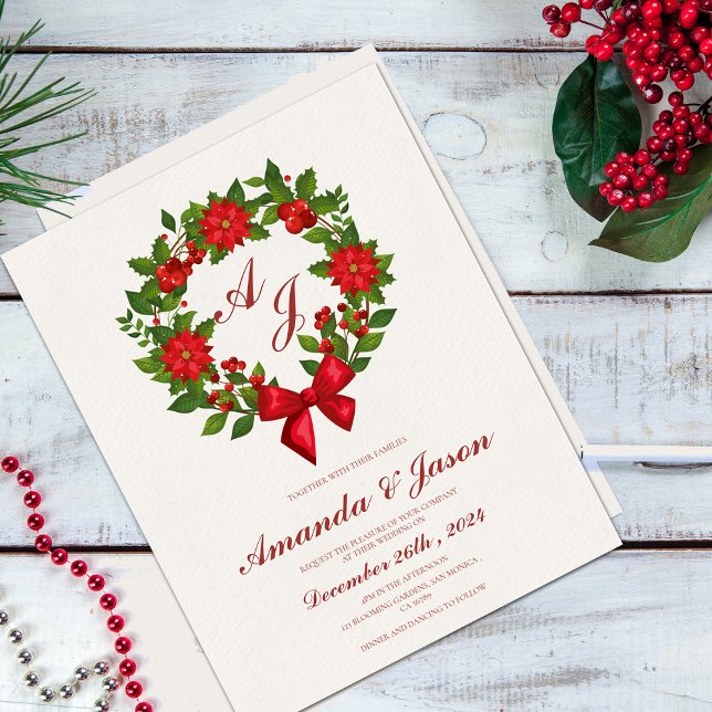 Red Grönt Berries och Poinsettia jul bröllop (Red Green Berries and Poinsettia Christmas wedding Invitation)