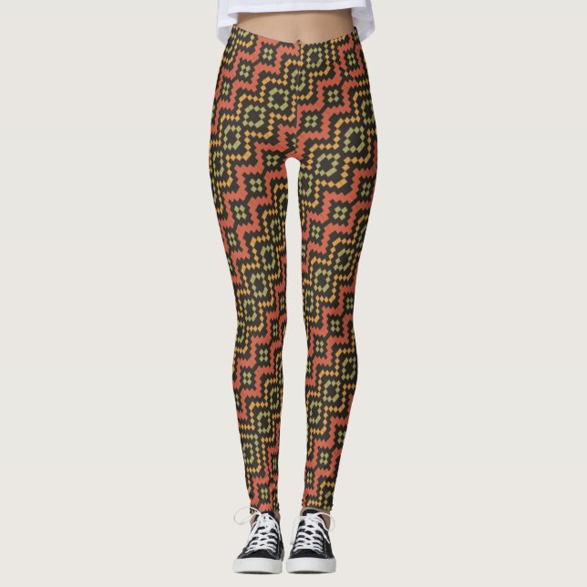Red Grönt Black Egyptian Basket-weave Mönster Leggings (Framsida)