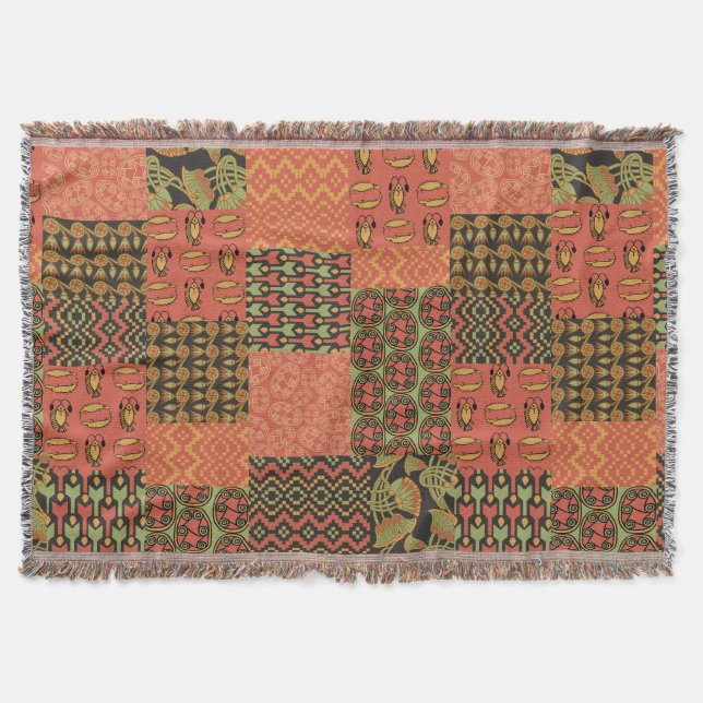 Red Grönt Black Egyptian Tribal Faux Patchwork Mysfilt (Framsidan)