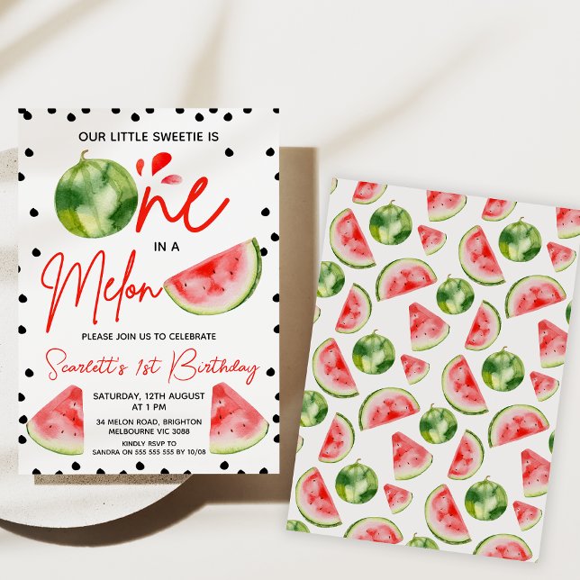Red Grönt Black Modern One in a Melon 1st Birday Inbjudningar (Girls One In A Melon 1st Birthday Invitations, Watermelon invite, Red Melon 1st Birthday Invitations)