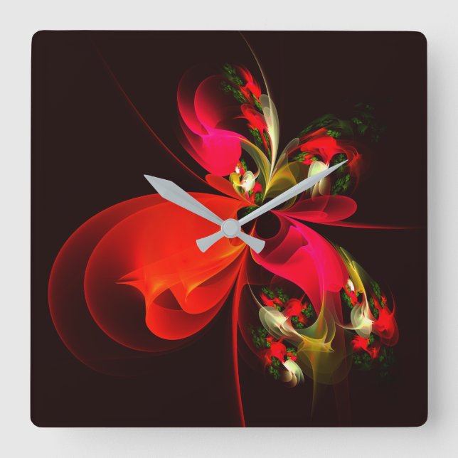 Red Grönt Blommigt Modern Abstrakt Art Mönster #02 Fyrkantig Klocka (Framsida)