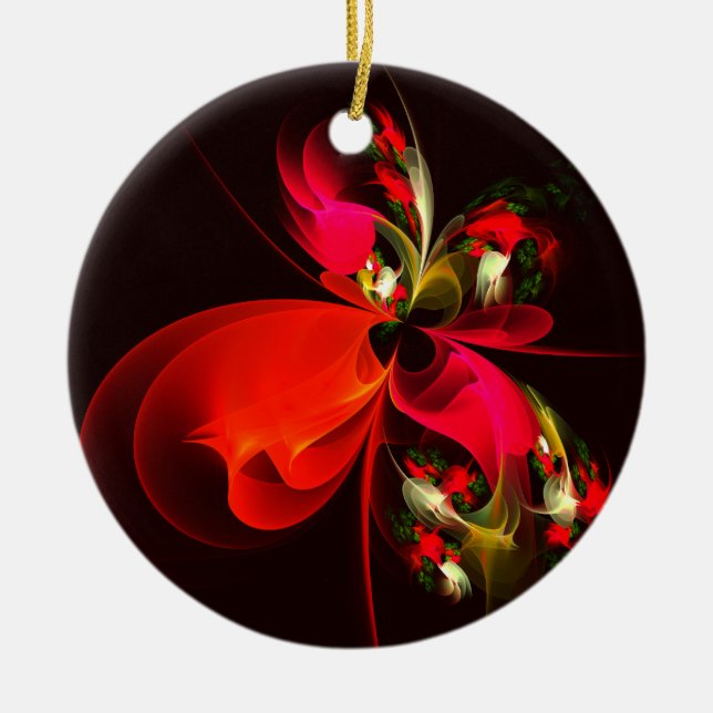 Red Grönt Blommigt Modern Abstrakt Art Mönster #02 Julgransprydnad Keramik (Framsidan)