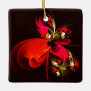 Red Grönt Blommigt Modern Abstrakt Art Mönster #02 Julgransprydnad Keramik
