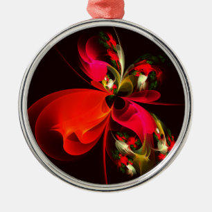 Red Grönt Blommigt Modern Abstrakt Art Mönster #02 Julgransprydnad Metall