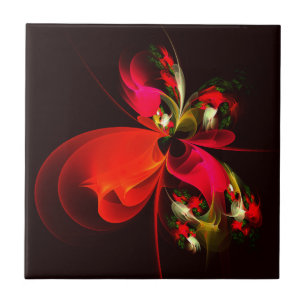 Red Grönt Blommigt Modern Abstrakt Art Mönster #02 Kakelplatta