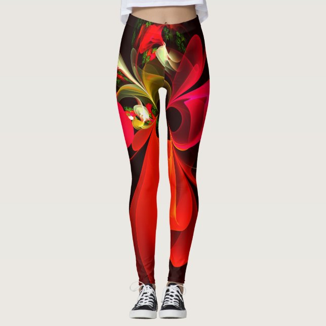 Red Grönt Blommigt Modern Abstrakt Art Mönster #02 Leggings (Framsida)