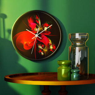 Red Grönt Blommigt Modern Abstrakt Art Mönster #02 Stor Klocka