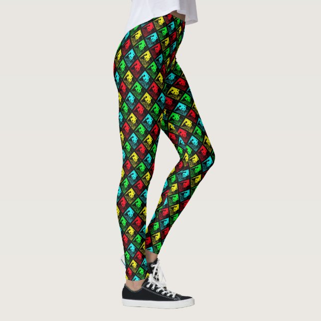 Red Grönt Blue and Gult Pop Art Pandas Leggings (Höger)