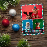 Red Grönt Blue Retro Merry Woofmas Photo Collage Julkort<br><div class="desc">Hund-temat God jul-fotokort med rand i blått,  grönt,  rött och vitt tillsammans med Merry Woofmas,  skrivet över tre foton av dig hund(er) i ett retro groovy-teckensnitt i rött,  blått och grönt.</div>