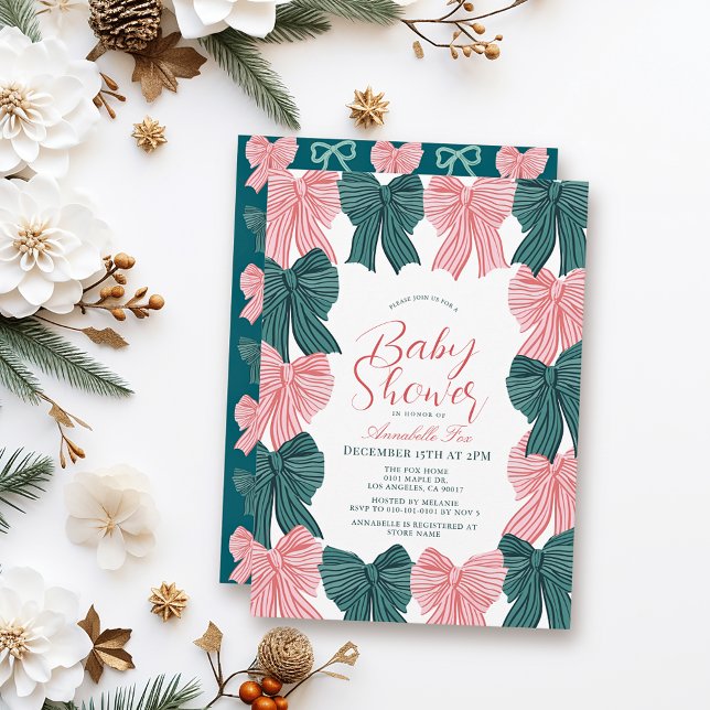 Red & Grönt Bow/Ribbon Coquette Baby Shower Inbjudningar (Skapare uppladdad)