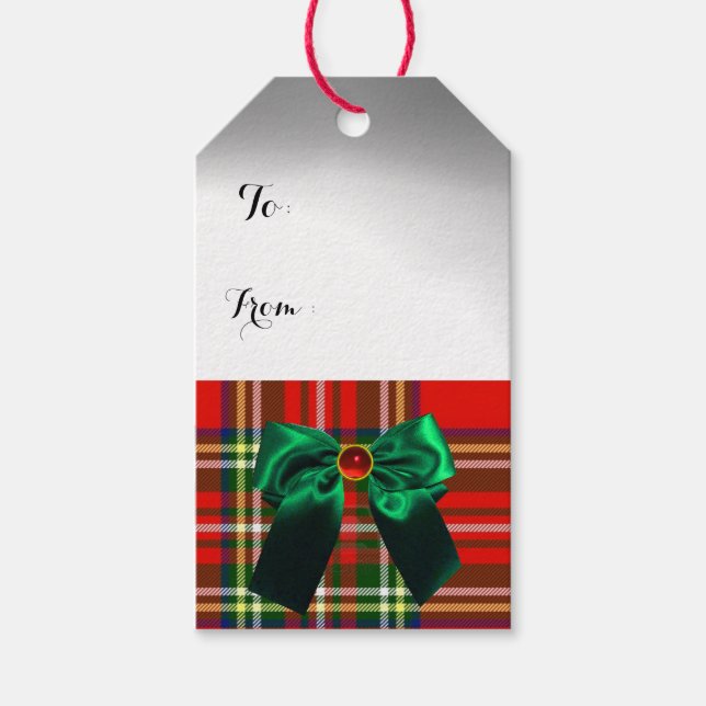 RED GRÖNT BOWS, SCOTTISH TARTAN OCH JULGRAN PRESENTETIKETT (Framsidan)