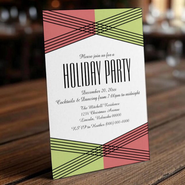 Red Grönt Colorful Deco Julfest Inbjudan (Red Green Colorful Deco Holiday Party Invite)