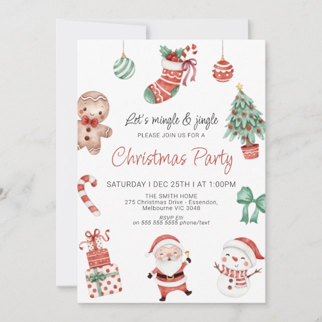 Red Grönt Cute Santa Party-inbjudan Inbjudningar (Framsida)