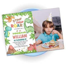 Red Grönt Dinosaur Birthday-inbjudningar med foto Inbjudningar