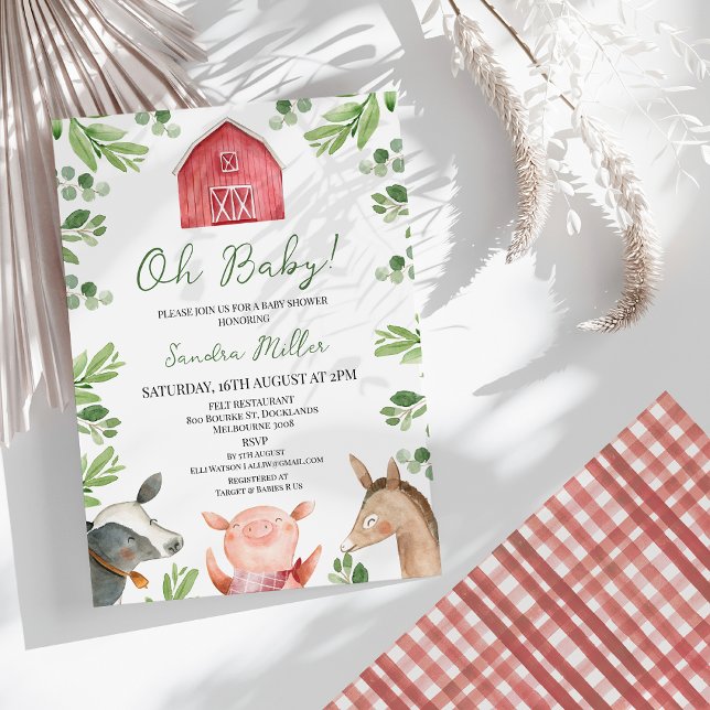 Red Grönt Gender Neutral Farmyard Farm Baby Shower Inbjudningar (Farm Baby Shower Invitation template, Barnyard Baby Shower Invitation, Farm Animals, Editable )