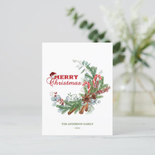 Red Grönt God jul Typography Greenery Vykort