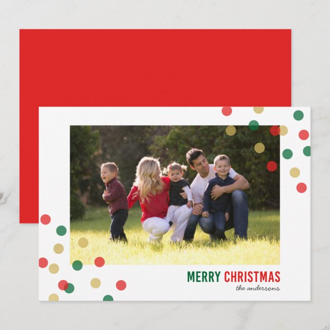 Red Grönt Guld Confetti Photo God jul Card Inbjudningar (Fram/baksida)