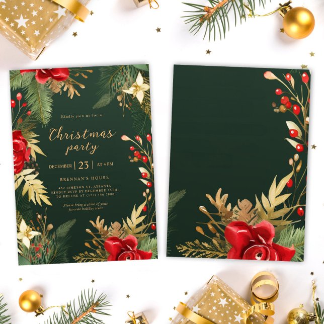 Red Grönt Guld Elegant Helgdag jul Party Inbjudningar (Red Green Gold Elegant Holiday Christmas Party Invitation)
