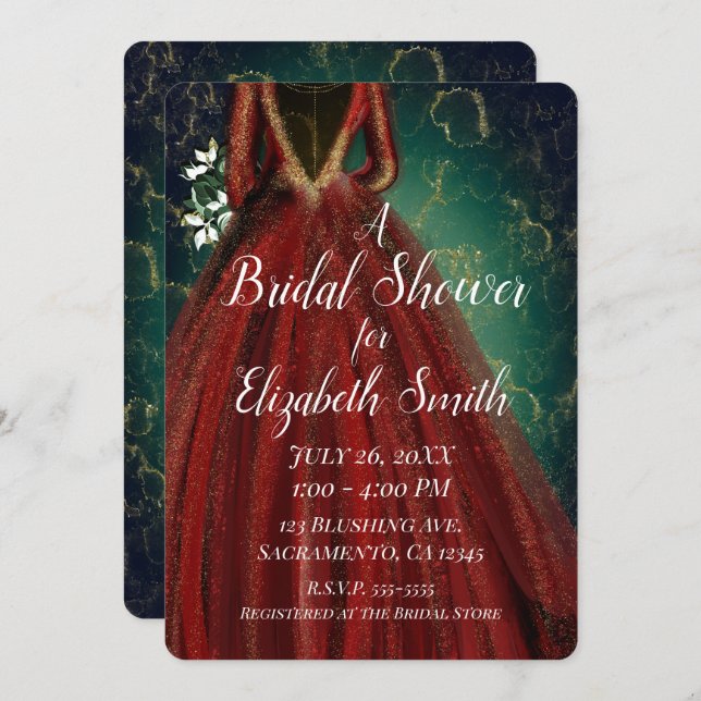 Red Grönt Guld Glam Helgdag Dress Möhippa Inbjudningar (Fram/baksida)