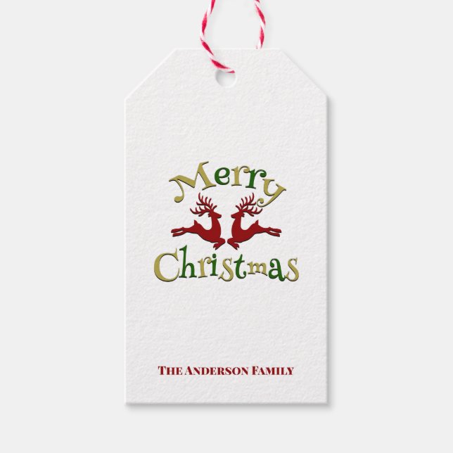 Red Grönt Guld God jul renar Presentetikett (Framsidan)