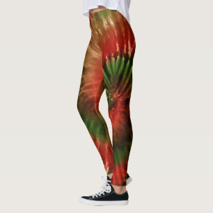 Red Grönt & Guld Psychedelic Tie Dye Jul Leggings