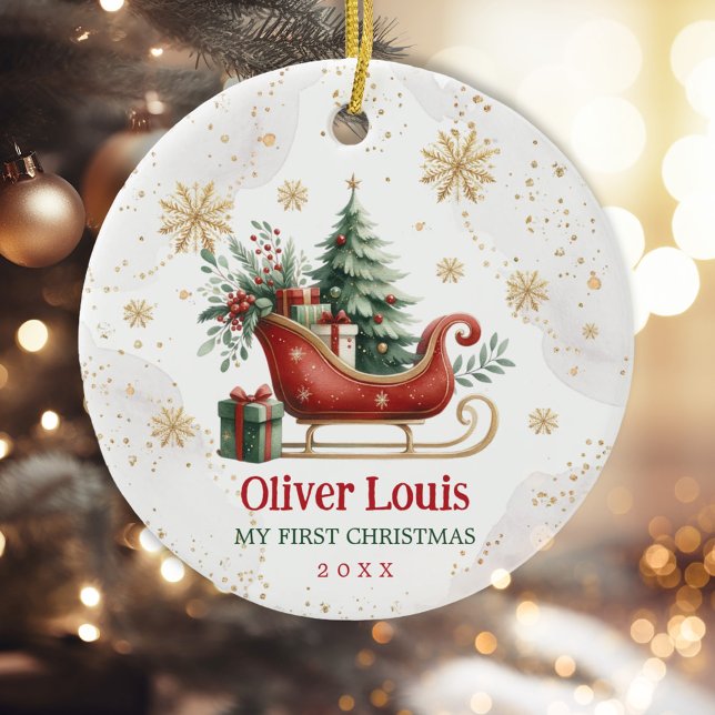 Red Grönt Guld Winter Sleigh Baby 1:a jul Julgransprydnad Keramik (Skapare uppladdad)