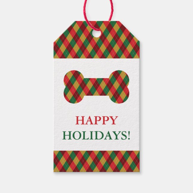 Red Grönt Gult Festive Argyle Mönster Hund Bone Presentetikett (Framsidan)
