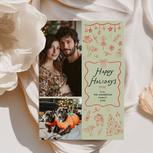 Red Grönt Hand plockade Icons Glad helg 2 Photo Julkort (Skapare uppladdad)