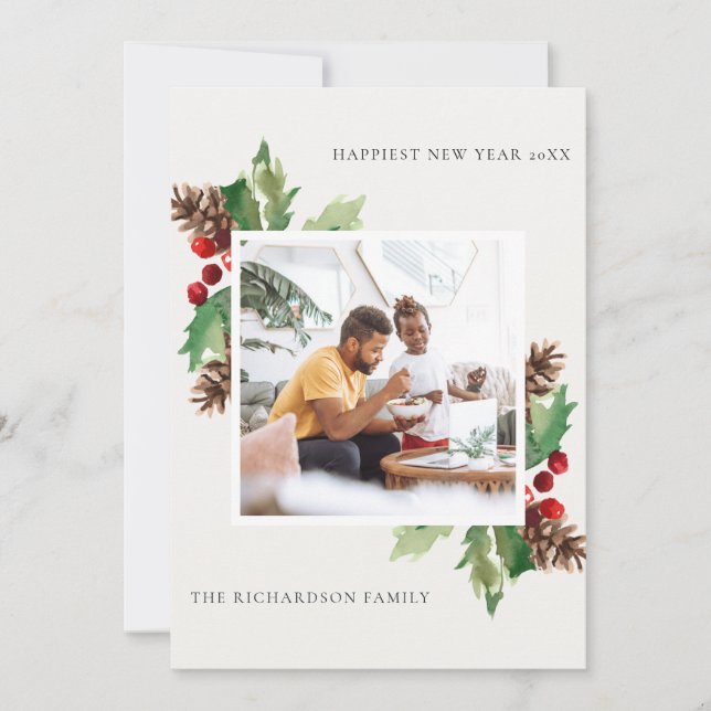 RED GRÖNT HOLLY BERRY GRÄS CONE NEW YEAR PHOTO JULKORT (Framsida)