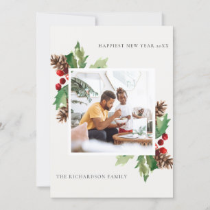 RED GRÖNT HOLLY BERRY GRÄS CONE NEW YEAR PHOTO JULKORT