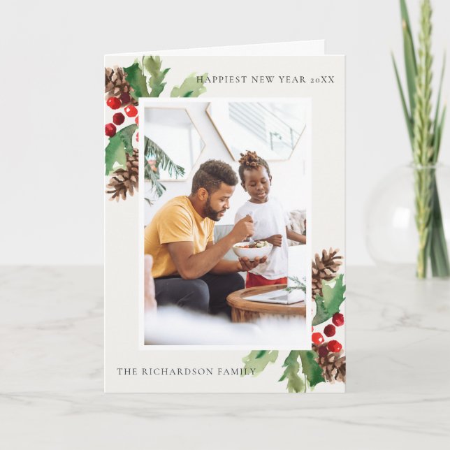 RED GRÖNT HOLLY BERRY GRÄS CONE NEW YEAR PHOTO KORT (Framsida)