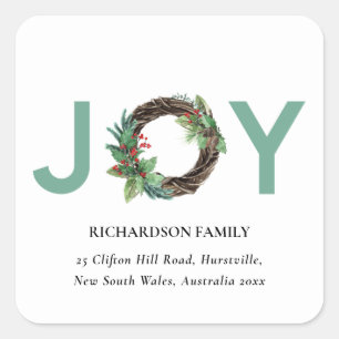 RED GRÖNT HOLLY BERRY JOY WREATH CHRISTMAS ADRESS FYRKANTIGT KLISTERMÄRKE