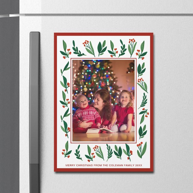 Red Grönt Holly Berry jul Photo Magnet Card (Skapare uppladdad)