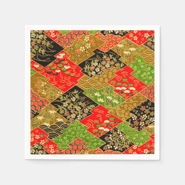 Red Grönt Japansk Kimono Blommigt Decoupage Papper Pappersservett (Framsidan)