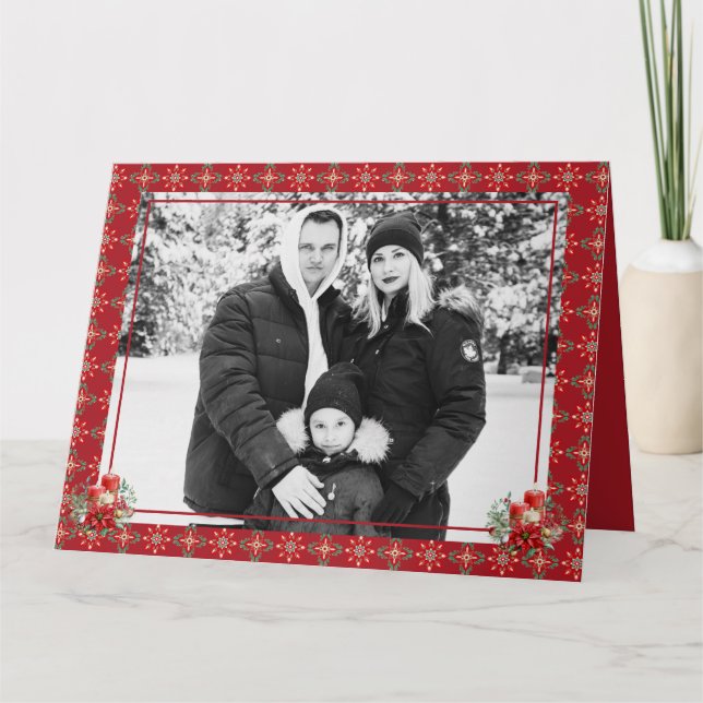 Red Grönt jul en Photo Snowflake Tack Kort (Framsida)