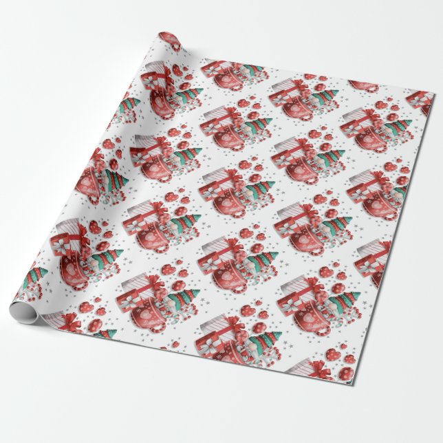 Red Grönt jul Gnome Tekopp Hearts Gifts Star Presentpapper (Utrullad)