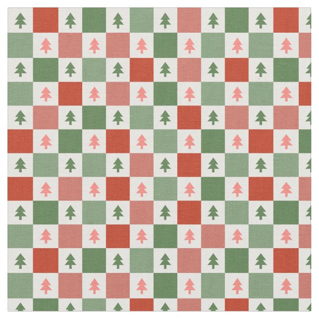 Red Grönt Julgran Checkerboard Mönster Tyg (Närbild)