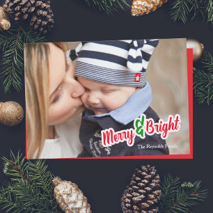 Red Grönt Merry & Bright Photo jul Card Julkort