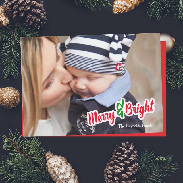 Red Grönt Merry & Bright Photo jul Card Julkort (Skapare uppladdad)