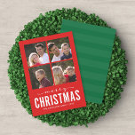 Red Grönt Modern God jul Photo Collage Julkort<br><div class="desc">Modern God jul Collage Photo Card som du kan visa fyra av dina helgdag med ord "merry" i ett slappna av skript ovanför en fetstilt "jul" mot en röd bakgrund. Kortet innehåller en baksida av grönten rand. Ta en titt på andra objekt här https://www.zazzle.com/collections/holiday_christmas_new_year_cards-119015800351034065?rf=238364477188679314 Anpassa den genom att ersätta platshållartexten...</div>
