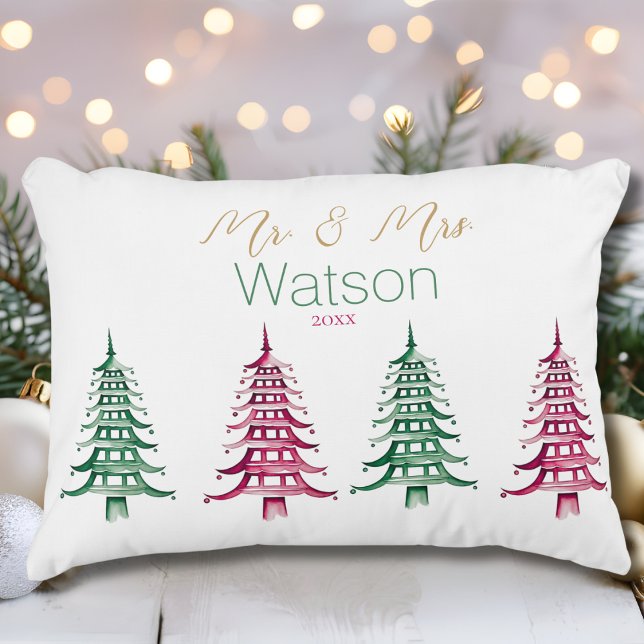 Red grönt Pagoda Julgran Mr. och Mrs. Prydnadskudde (Red green Pagoda Christmas Tree Mr. and Mrs. Accent Pillow)