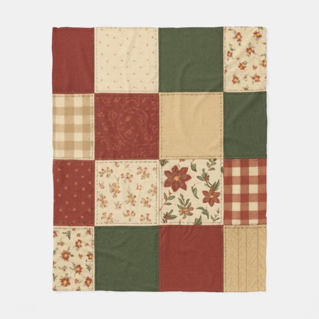 Red Grönt Patchwork Quilt Rustic Farmhouse Blommig Fleecefilt (Framsidan)