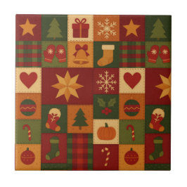 Red Grönt Patchwork Quilt Rustic Farmhouse Blommig Kakelplatta