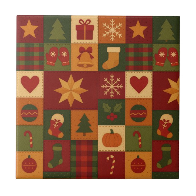 Red Grönt Patchwork Quilt Rustic Farmhouse Blommig Kakelplatta (Framsidan)