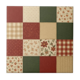 Red Grönt Patchwork Quilt Rustic Farmhouse Blommig Kakelplatta