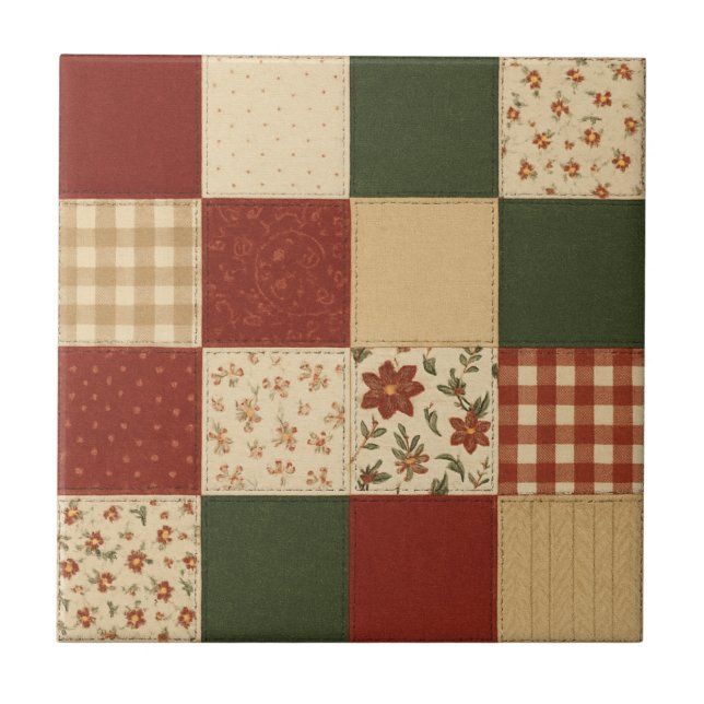 Red Grönt Patchwork Quilt Rustic Farmhouse Blommig Kakelplatta (Framsidan)