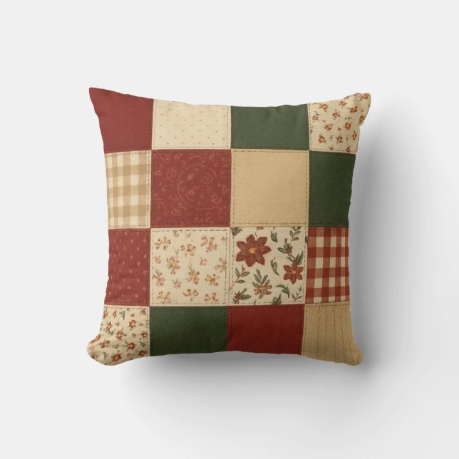 Red Grönt Patchwork Quilt Rustic Farmhouse Kudde (Framsida)