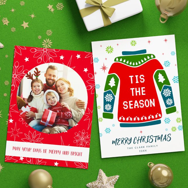 Red Grönt Photo Family Ugly Sweater Tis säsong Julkort (Red Green Photo Family Ugly Sweater Tis the Season Holiday Card)
